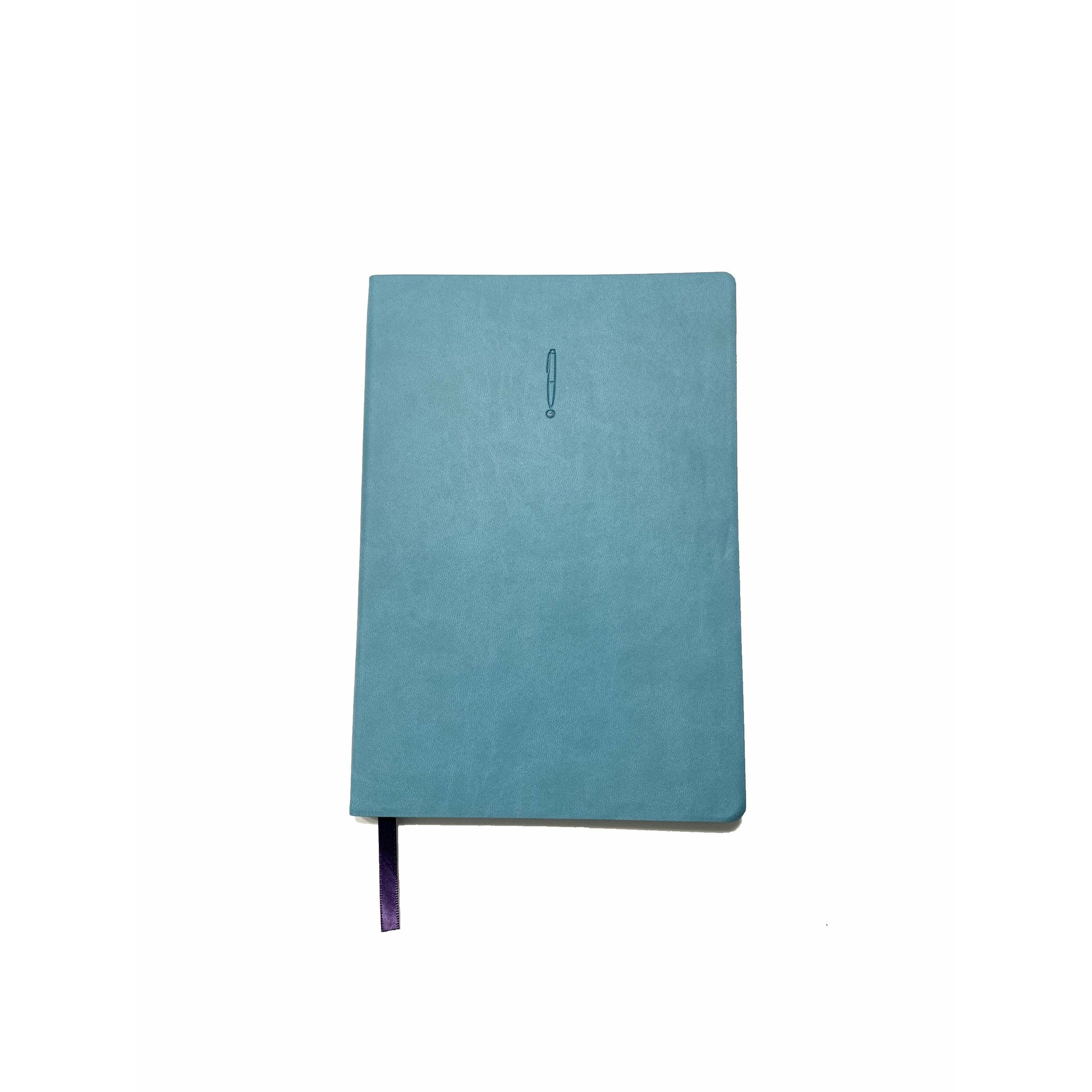 blue or turquoise pu leather journal with purple satin ribbon and Write Mind pen logo on front